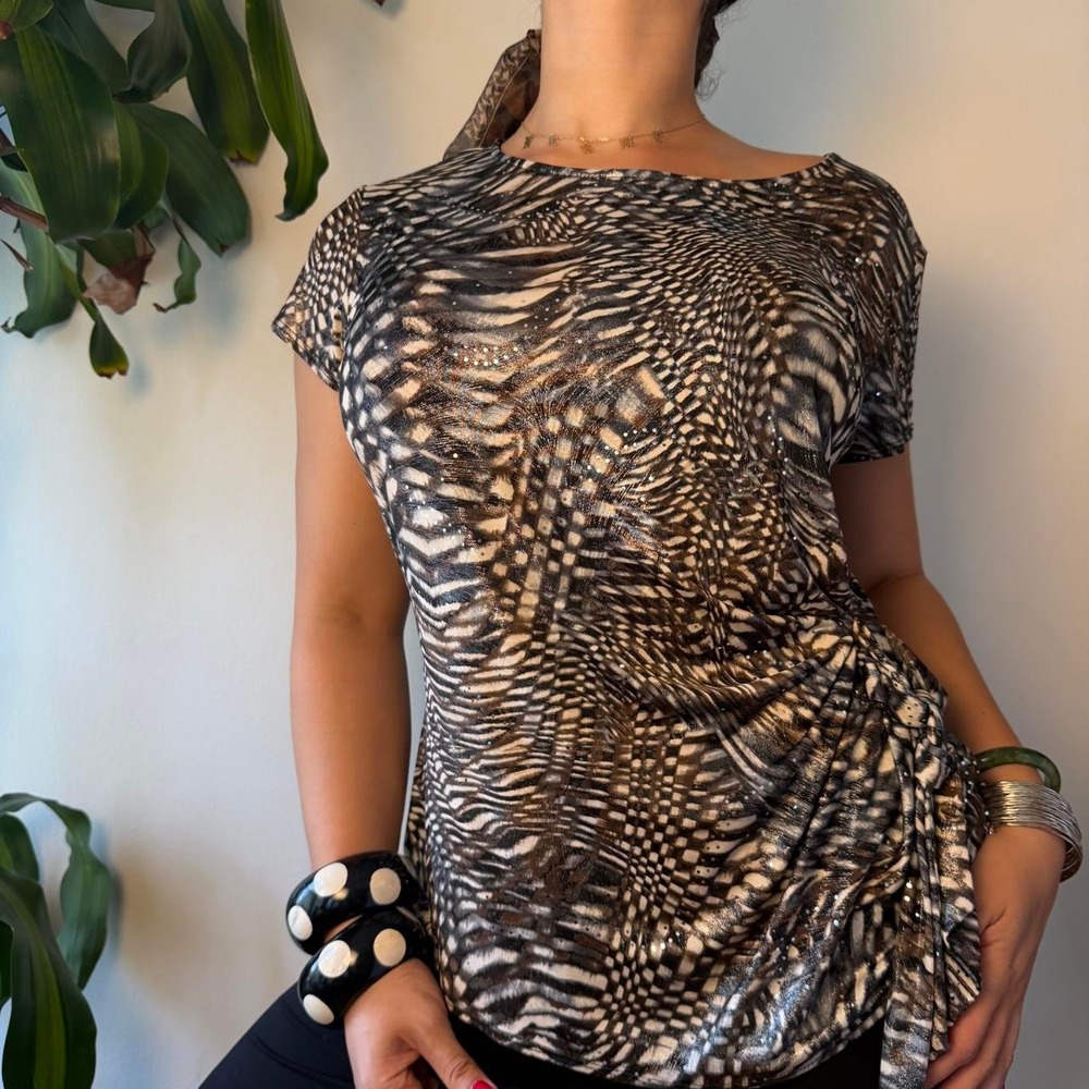 MSK Y2K Black Bronze Zebra Sequin Side Tie Slouchy Top XL